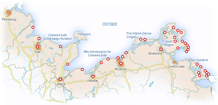 Karte Urlaubsorte für Urlaub an der Ostsee